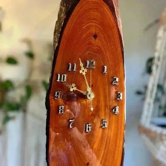 Vintage Mid Century Modern Lacquered Wooden Wall Clock | Rustic Boho Wood Decor - Picture 7 of 10